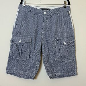 French Connection Men’s Gingham Cargo Shorts – Navy/White, Size 32